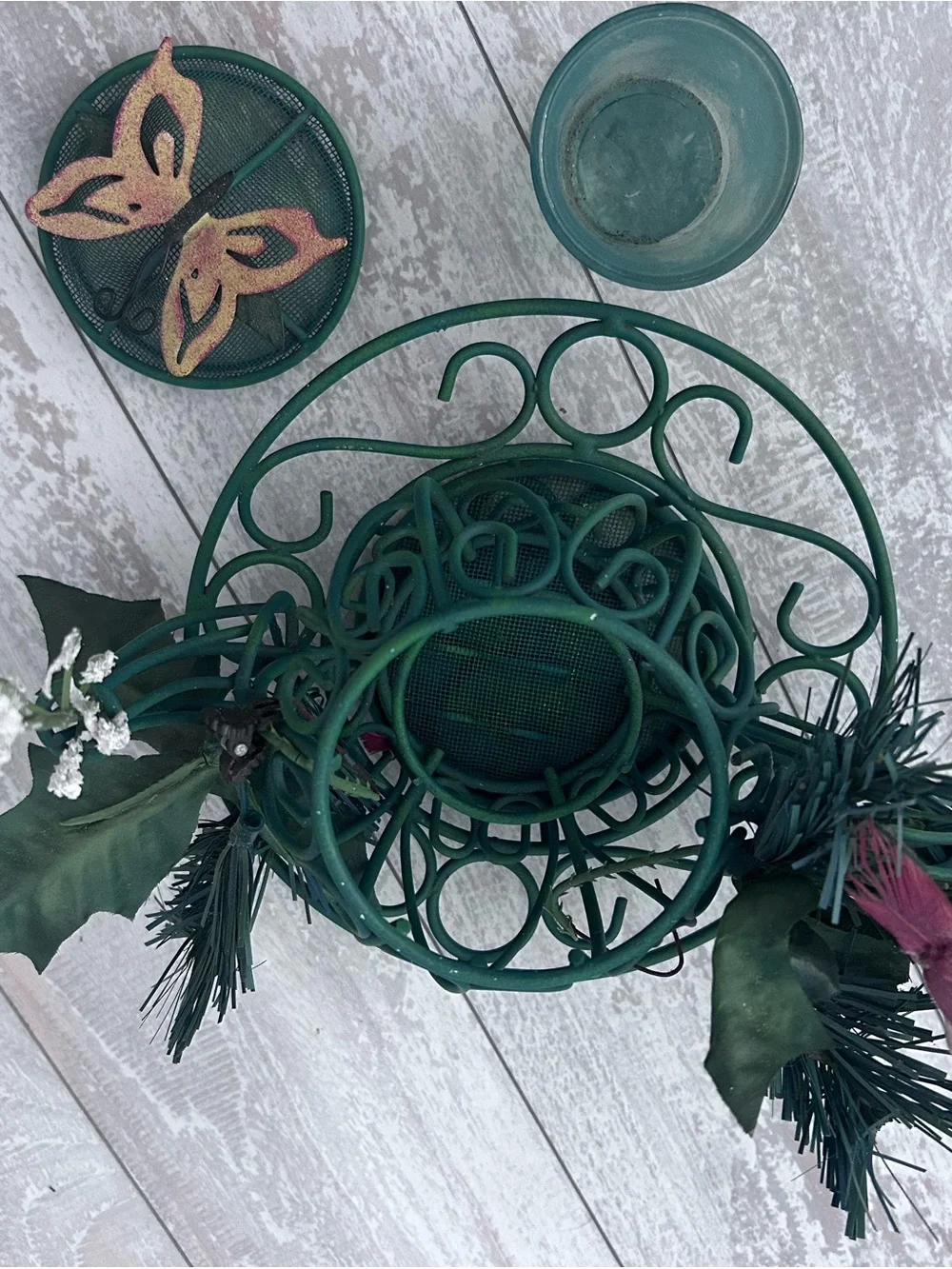 Vintage 4 Piece Green Wire Teapot Tea Light Holder with Butterfly Lid.